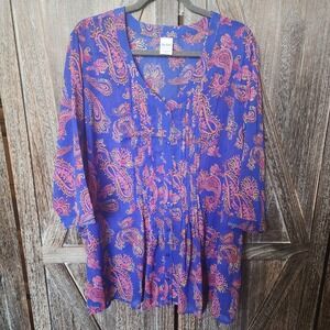 Blair Blouse Women's Size 3XL Blue Paisley Button Up Sheer Pintucked‎ Tunic Top